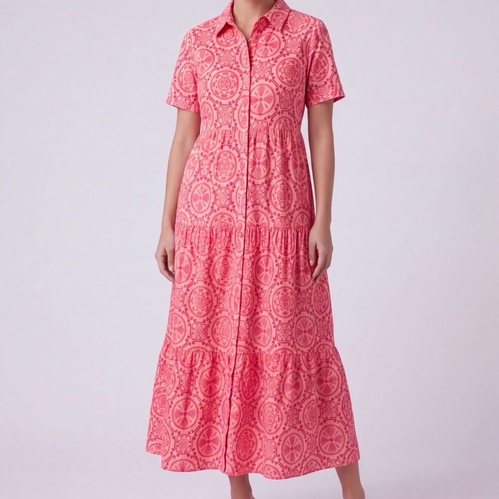 Crown & Ivy Pink/ Coral Linen Blend Dress XXL Button Front Coastal Boho NWT